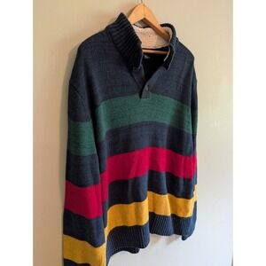 Lands End Men's Primary Color‎ Striped Wool Blend Sherpa Trim Sweater Men's XL